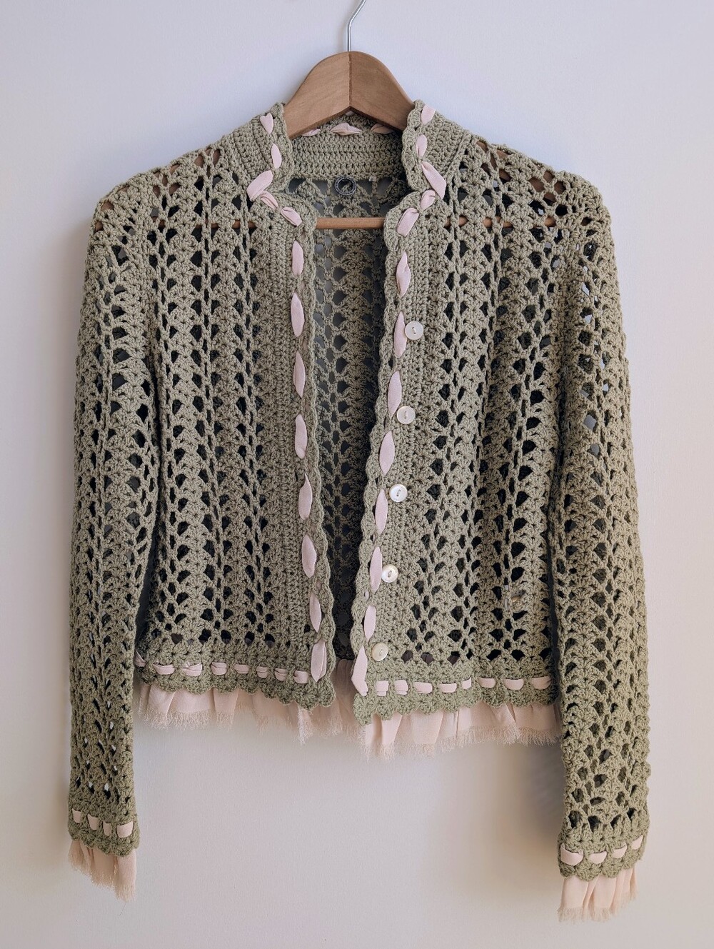 One Girl Approx XS Cotton Blend Crochet Loose Knit Cardigan Sweater Sage Green